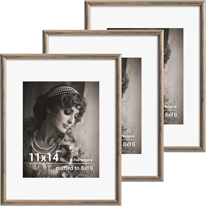 11x14 Picture Frame Set of 3 - Solid Walnut Wood Picture Frames with HD Tempered Glass, Handcrafted Rounded Corner 11 x 14 Wooden Frame Matted to 8x10 Photos, Horizontal or Vertical Wall Display