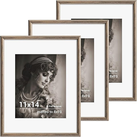 11x14 Picture Frame Set of 3 - Solid Walnut Wood Picture Frames with HD Tempered Glass, Handcrafted Rounded Corner 11 x 14 Wooden Frame Matted to 8x10 Photos, Horizontal or Vertical Wall Display