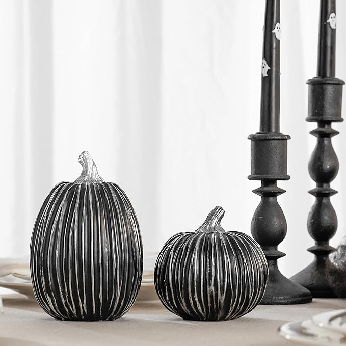 DN DECONATION Pumpkin Decorations for Fall and Halloween Indoor Home Decor, Black and Silver Faux Pumpkins–Fall Halloween Table Centerpiece, 2-Pack Resin Pumpkin for Thanksgiving Modern Farmhouse