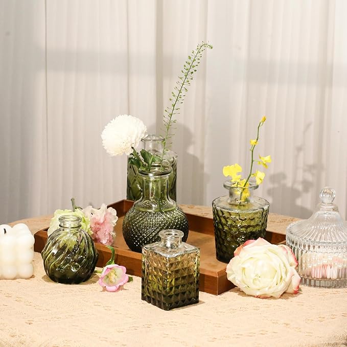 Mini Bud Vases As Wedding Centerpieces for Tables,Clear Bud Vases for Flowers,Small Flower Vases Suitable for Birthday Party,Anniversary,Wedding Reception,Baby Shower (Dark Green, 24PCS)