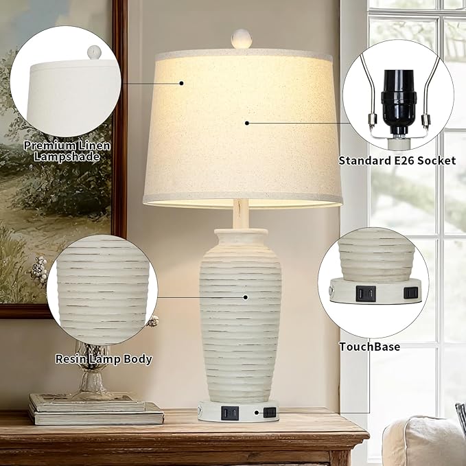 25" Retro White Farmhouse Jar Table Lamps Set of 2, 3 Way Touch Control Rustic Bedside Lamps with USB A+C Ports & AC Outlet, Pot Nightstand Lamps for Bedroom Living Room (LED Bulbs Included)