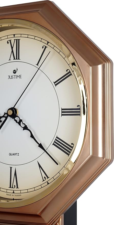 JUSTIME Traditional Schoolhouse Gradient Roman Regulator Wall Clock, Chiming Wall Clocks with Pendulum & Westminster Chime Hourly, Schoolhouse Wall Decor Battery Operated (Vintage Copper)
