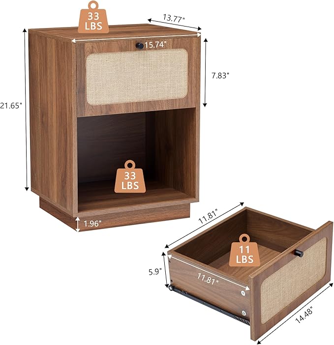 Mid Century Night Stand Set of 2, Modern Nightstand with Drawer & Curved Linen Panel, Farmhouse End Table Wood Bedside Table Small Side Tables for Small Space, Bedroom (Walnut)