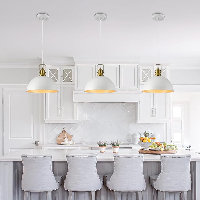 12 Inch White Farmhouse Pendant Lights for Kitchen Island Industrial Pendant Lighting Adjustable Height Vintage Dome Hanging Light Fixtures for Barn, Dining Room