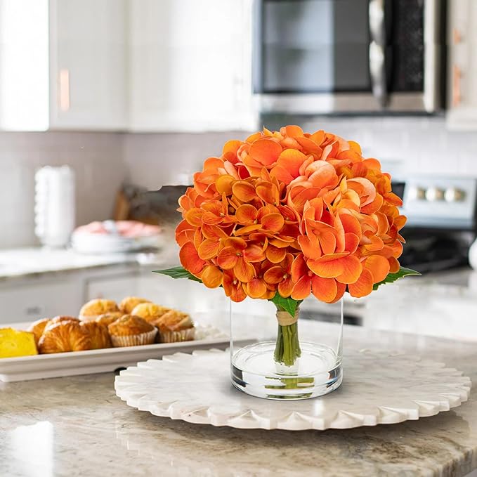 Hollyone Fall Hydrangea Artificial Flowers for Decoration Orange Hydrangea Artificial Flowers in Vase Latex Real Touch Fall Flower Arrangements Fake Hydrangeas with Faux Water Autumn Centerpiece Decor