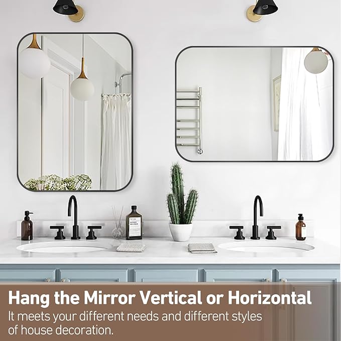 FARMER 16x20 Inch Black Bathroom Mirror, Brushed Rectangle Vanity Mirrors for Wall, Metal Frame Wall Mirror, Vanity Mirror with Round Corner for Bedrooms, Entryways, Living Rooms, Horizontal/Vertical