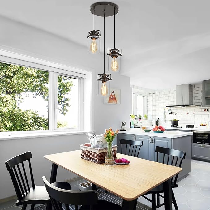 Kitchen Pendant Lighting Over Island Pendant Lights Black, Pendant Lighting Adjustable Farmhouse Ceiling 3 Light for Kitchen Island Dining Room Bedroom Living Room