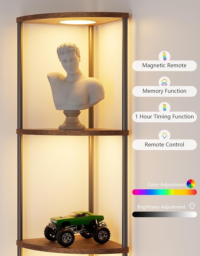 Corner Shelf with RGBCW LED Light, 64.5” Tall Floor Lamp Narrow Bookshelf Organizer, Standing Shelves with Metal Pole, Display Storage Rack for Wall Corner, Living Room, Bedroom, Office Décor, Brown