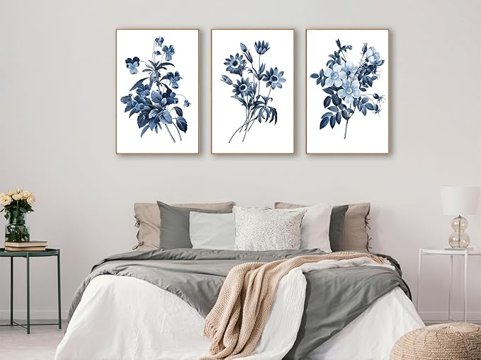 Large Framed Canvas Wall Art - Natural Float Framed Indigo Flowers Picturtes for Living Room Decor Retro Blue Floral Botanical Artwork Plants for Bedroom Kitchen Home Office Decor 72" X 36" Set of 3