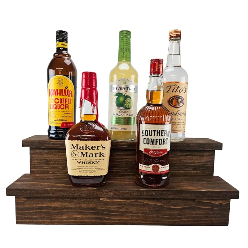 Handmade Liquor Bottle Display Shelf, Bar Display, Kitchen Counter Shelf, Crafted in USA with Premium Quality Wood, Rustic Espresso Finish (2 Tier, 20 inches)