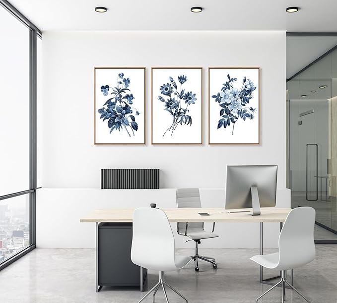 Large Framed Canvas Wall Art - Natural Float Framed Indigo Flowers Picturtes for Living Room Decor Retro Blue Floral Botanical Artwork Plants for Bedroom Kitchen Home Office Decor 48" X 24" Set of 3