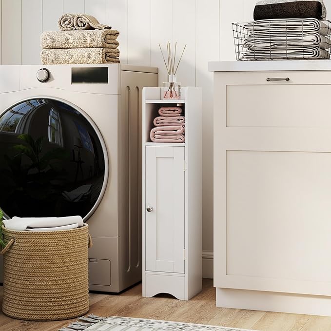Tangkula Bathroom Storage Cabinet with Door, Toilet Paper Holder Stand with Adjustable Shelves & Open Compartment for Small Spaces, Narrow Freestanding Storage Organizer, 7 x 7.5 x 31.5 Inches (White)