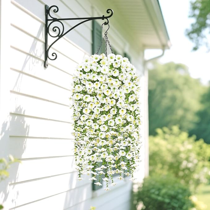 TOCHGREEN Artificial Faux Hanging Flowers Plants Basket for Spring Summer Outdoor Decor,2PCS Fake Silk Morning Glory Vines in Planter UV Resistant for Home Porch Balcony Yard (White)
