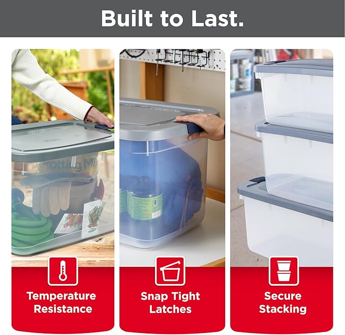 Rubbermaid Roughneck Clear 95 Qt/23.75 Gal Storage Containers, Pack of 4 with Latching Grey Lids, Visible Base, Sturdy and Stackable, Great for Storage and Organization