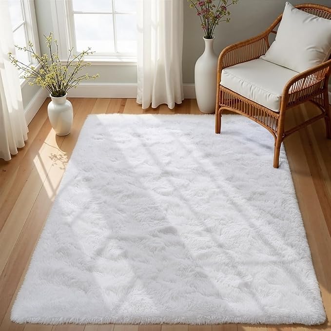 Area Rugs for Bedroom Living Room, 8x10 Soft Large Fluffy Fuzzy Shag Plush Furry Carpet, Soft Indoor Floor Mat for Kids Nursery Home Dorm Office Decor Aesthetic, White