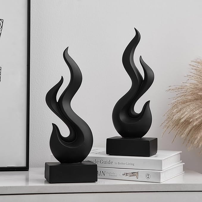 FJS Black Abstract Flame Statue for Home Decor, Modern Decorations for Living Room Shelf Accents, Resin Sculpture for Dining Room Office Coffee Table Centerpiece