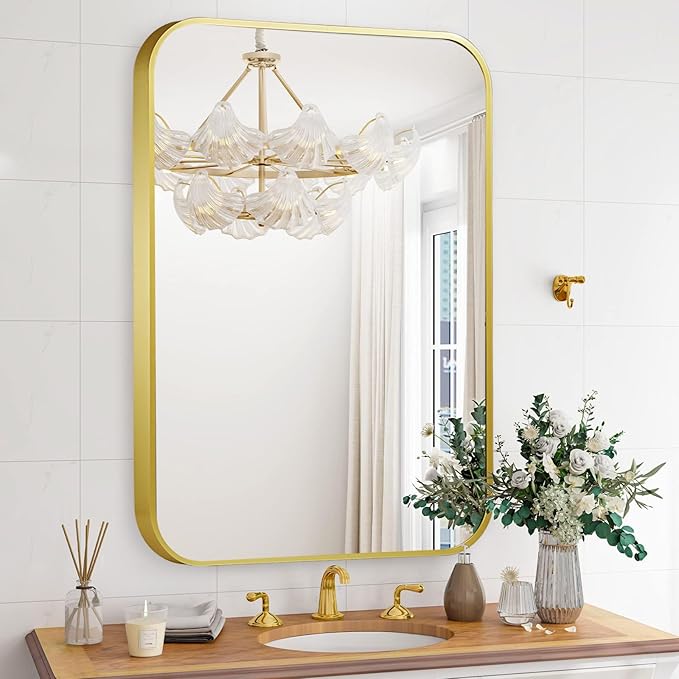 22x30 Inch Bathroom Mirror for Wall,Matte Gold Framed Rectangle Mirror with Rounded Corner,Aluminum Alloy Framed Brushed Wall Mirror for Bedroom or Living Room,Vertical or Horizontal