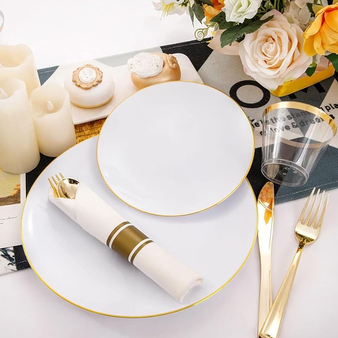 Rubtlamp 140Pcs Gold Plastic Plates, White Plates with Gold Rim, Disposable Dinnerware Include 20Dinner Platos, 20 Dessert Platos, 20Pre Rolled Napkins with Cutlery and 20 Cups for Party