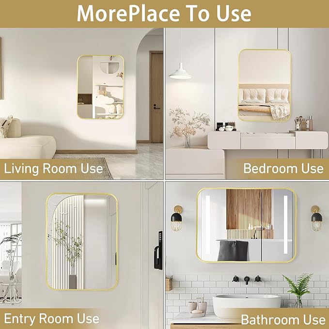 20x28 Inch Bathroom Mirror for Wall,Matte Gold Framed Rectangle Mirror with Rounded Corner,Aluminum Alloy Framed Brushed Wall Mirror for Bedroom or Living Room,Vertical or Horizontal