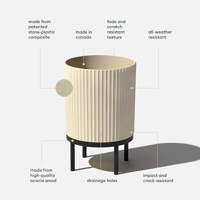 Veradek Demi Series Round Planter w/Stand for Porch/Patio | Durable Plastic-Stone Composite & Wooden Stand | Modern Décor for Tall Plants, Flowers