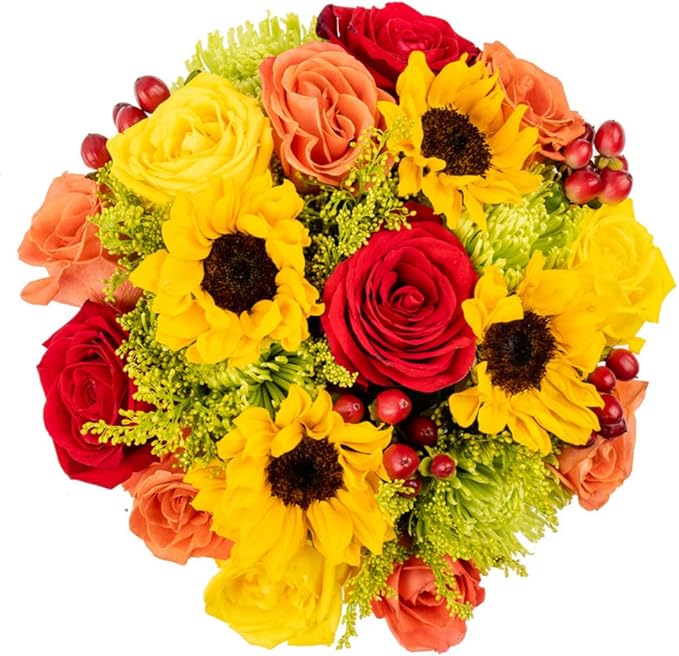 Warm Glow in Wooden Vase | Yellow, Orange and Red Fresh Flower Foam Arrangement | Arabella Bouquets | Flowers for Delivery, THanksgiving, Birthday, Congratulations