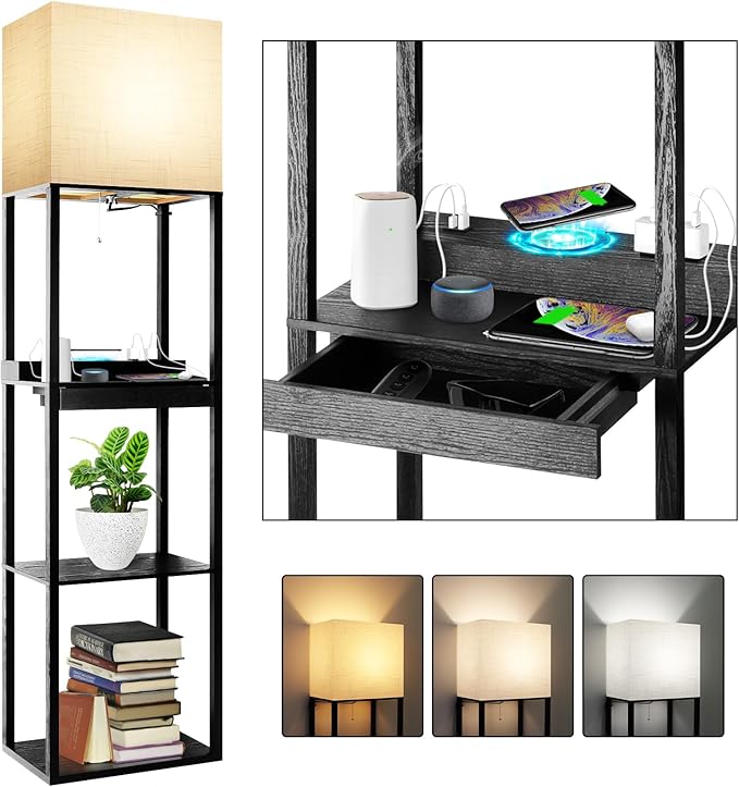 RUNTOP Plus Charging Station Floor Lamp with Wireless Charger, 2 USB-C Port, 2 Power Outlet, Floor Lamp with Shelves, 15W LED Bulb, 3 Colors, Memory Function, Standing Lamp for Living Room Bedroom