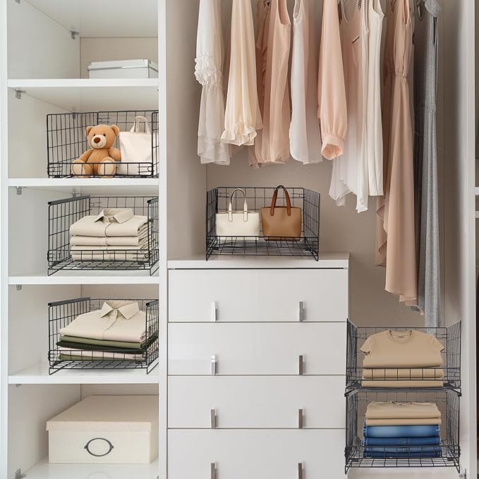 4-Tier Stackable Closet Storage Organizers, Storage Shelves, Clothes Basket, Clothes Shelf Organizer for Living Room Wardrobe Kitchen Bathroom Office, Black