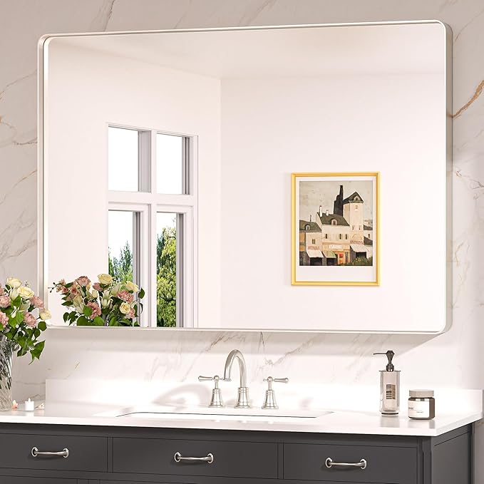 Keonjinn 48 x 36 Brushed Nickel Bathroom Vanity Mirror, Large Rounded Rectangle Bathroom Mirrors for over Sink, Metal Framed Silver Mirror for Wall, Shatterproof HD Tempered Glass(Horizontal/Vertical)