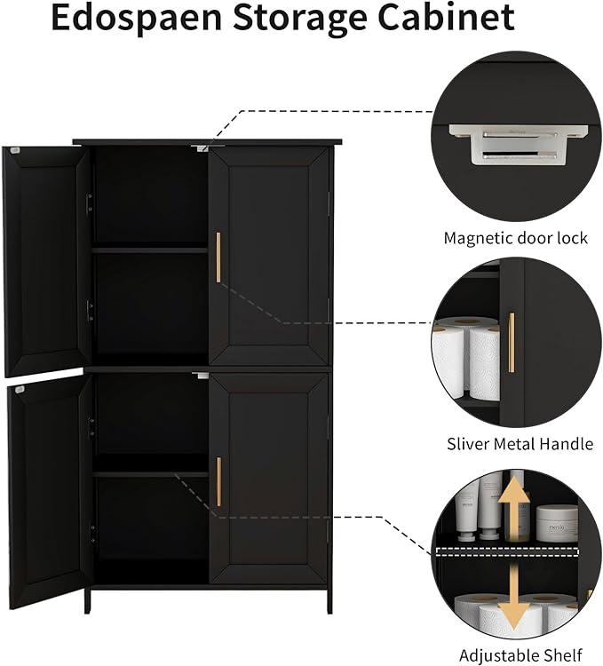 Bathroom Storage Floor Cabinet Freestanding Organizer with Adjustable Shelves for Bathroom Bedroom Laundry Room,4 Doors