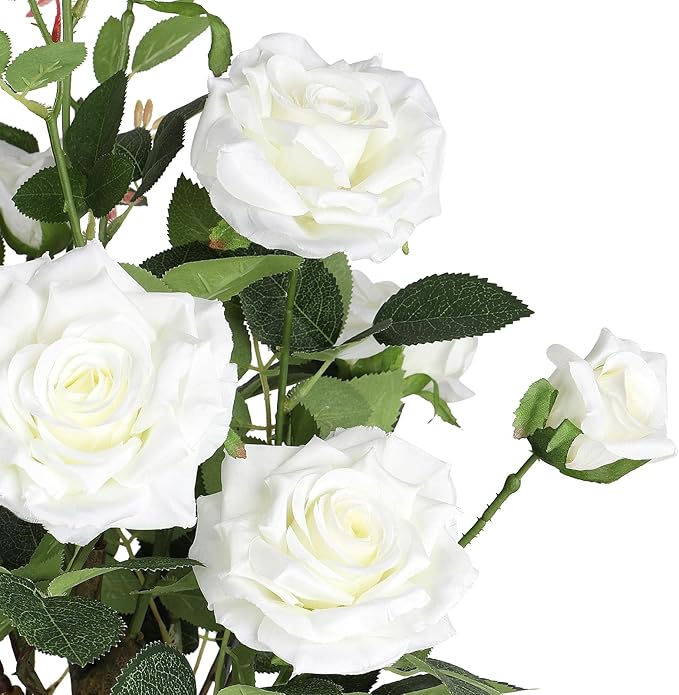 2Pack Artificial Rose Flower Trees, 24Inch White Faux Rose Tree with Green Leaves for Living Room Office Home Outdoor Indoor Decor,2FT White