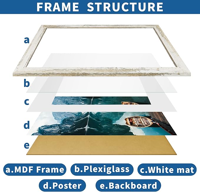 16x20 Frames Set of 2, Distressed White Wood Style - Display 16 x 20 Picture without Mat or 11x14 Picture with Mat, Wall Mounting Horizontal and Vertical
