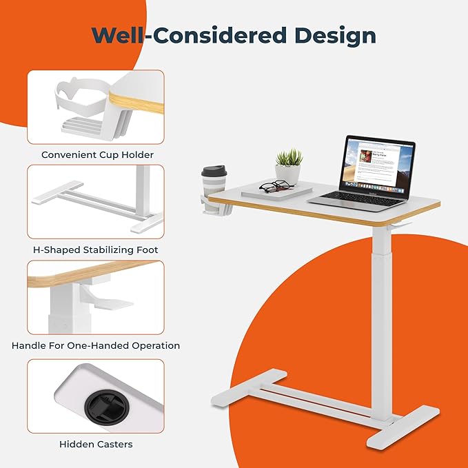 Medical Overbed Adjustable Bedside Table with Hidden Casters, Pneumatic Mobile Rolling Laptop Standing Desk with Tray for Home and Hospital Use, White