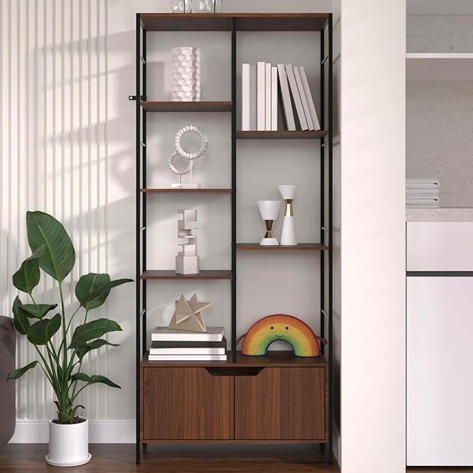 Bookshelf with Doors, 6-Tier Shelf with Storage Cabinet, 67" Tall Open Bookcase for Display, Industrial Retro Bookcase, Freestanding Storage Organizer Bookshelf for Living Room, Brown