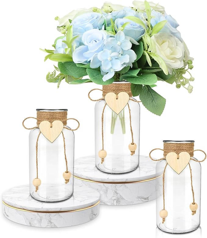Vintage Glass Vases for Flowers, Set of 3 Mason Jar Vase Table Centerpieces for Farmhouse Room Decor, Wedding, Bridal Shower Bud Vase Set (Medium)