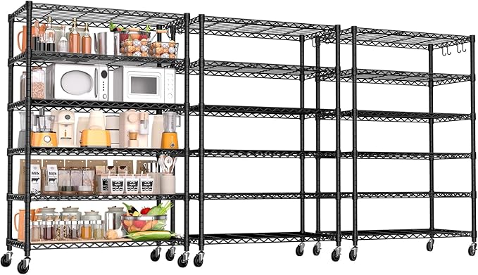 PrimeZone 3 Pack 6 Tier Wire Shelving with Wheels,Metal Shelf Heavy Duty Adjustable Kitchen Storage Shelves Unit,Pantry Organizer Rack Rolling for Garage Closet Laundry 36''W x 18''D x 78''H