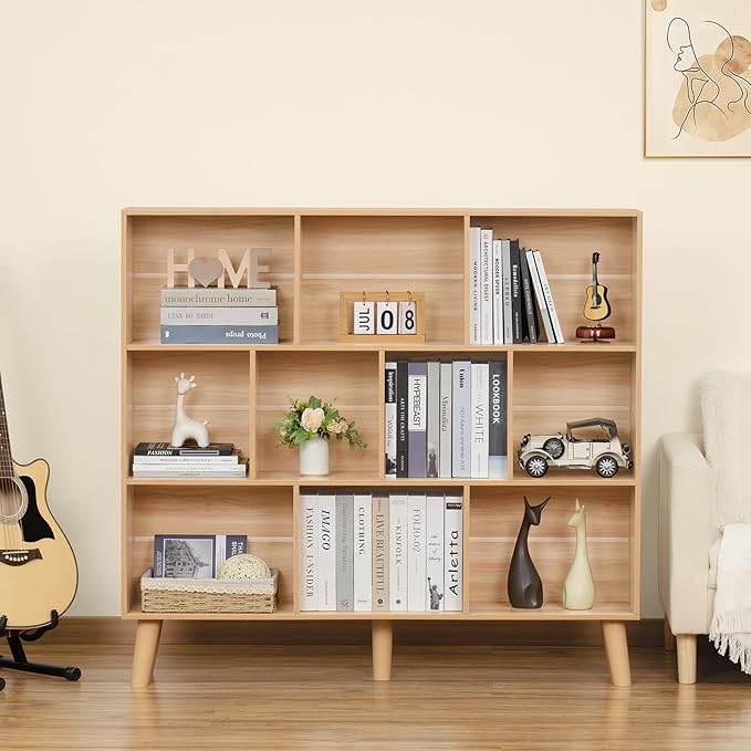 LEYAOYAO 10 Cube Bookshelf,3 Tier Modern Wide Bookcase with Legs,Mid-Century Wood Bookshelves Storage，Natural Large Book Case,Freestanding Organizer Display Shelf for Bedroom,Living Room,Office