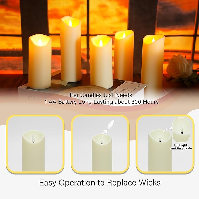 Flickering Flameless Candles, Battery Operated Acrylic LED Pillar Candles with Remote Control and Timer,Set of 9 (Ivory)