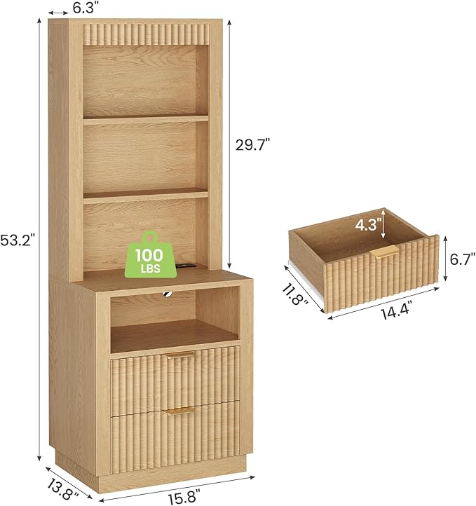 ADORNEVE Tall Fluted Nightstand Set of 2, Side Table with Drawers & Open Shelf, Mid Century Modern Night Stand with Metal Handle, Bedside End Table for Bedroom,Living Room,Natural Oak