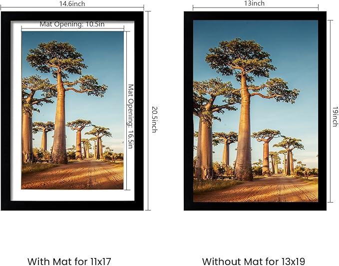 13x19 Picture Frame Set of 5, Black Poster Frame, Display Pictures 11 x 17 with Mat or 13 x 19 Without Mat for Horizontal or Vertical Wall Mounting, Wall Gallery Frame