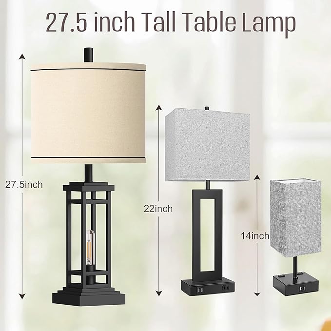 ROTTOGOON 27.5 Tall Farmhouse Table Lamp with USB C + USB A Charge Ports, Rustic Living Room Lamp, Black Industrial End Table Lamp for Bedroom Living Room Nightstand (Black)