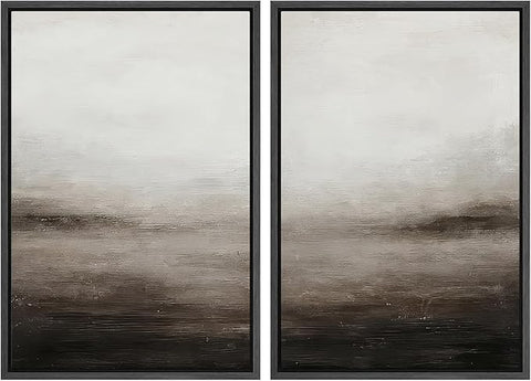 MUDECOR Framed Canvas Print Wall Art Neutral Abstract Modern Minimalist Landscape in Beige and Gray Illustrations Modern Art Decorative Bohemian for Living Room, Bedroom, Office - 16"x24"x2 Black