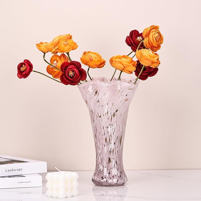 9.0" H Pink Glass Vases for Flowers, Unique Hand Blown Glass Vase Pink Home Decor, Wide Mouth Colorful Flower Vase Centerpieces, for Living Room Table Bookshelf, Bathroom Office Shelf Decorative