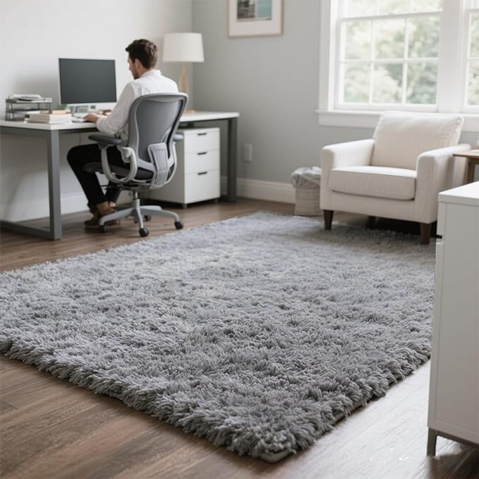 Light Grey Fluffy 9x12 Area Rug for Living Room, Plush Shag Rugs for Bedroom, Large Soft Furry Carpets for Kids Room, Modern Indoor Nursery Carpet for Classroom Dorm Cozy Comfy Home Decor