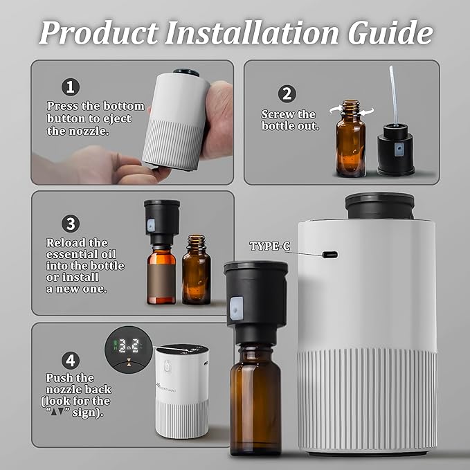 Waterless Diffuser for Essential Oil - Aroma Diffuser for Home with Battery Indicator, Portable Smart Scent Air Machine 1/2/3 & Continuous Mist, Timing & Auto-Off Function (White)