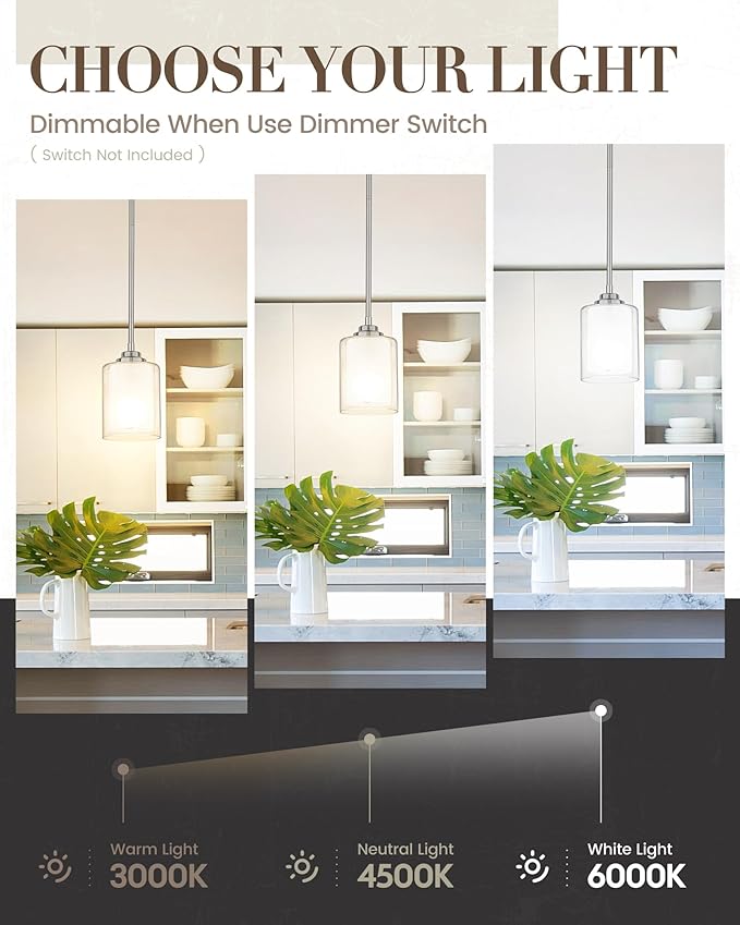 TENGXIN Modern Pendant Light,Brushed Nickel Modern Pendant Light for Kitchen Island,Hanging Ceiling Light Fixture,Farmhouse Pendant Lighting for Dining Room Bedroom Bar Office 2Pack,TXPLBN02-2PK