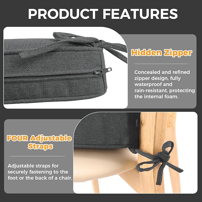 Outdoor Chair Cushion 18 x 18 x 3 Inch, Waterproof & 3-Year Fade Resistant Patio Furniture Cushions, Removable Cover and Adjustable Ties for Garden Sofa Couch (Dark Gray)