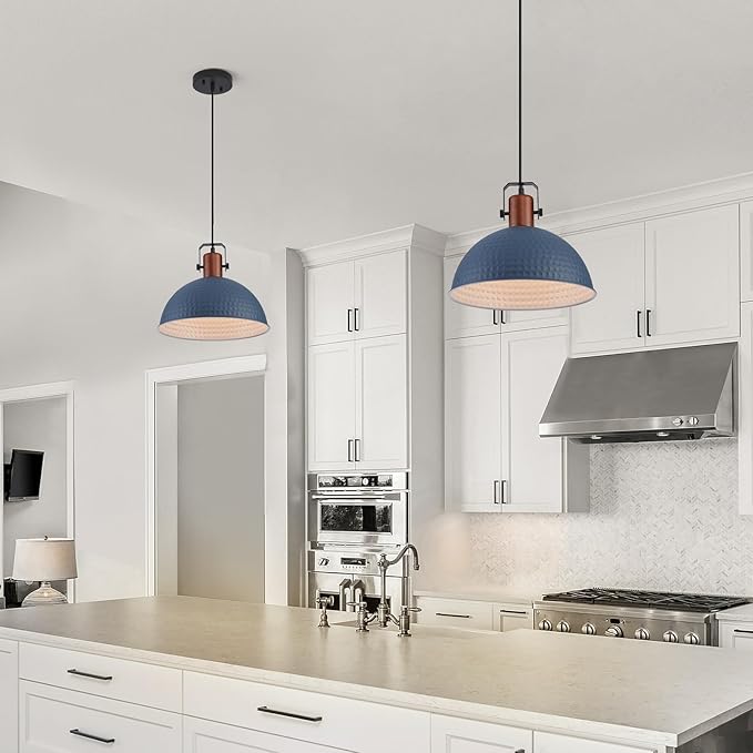12 Inch Blue Pendant Lights Hammered Matte Pendant Lights for Kitchen Island Industrial Farmhouse Adjustable Height Dome Hanging Light Fixtures for Barn, Dining Room 2 Packs