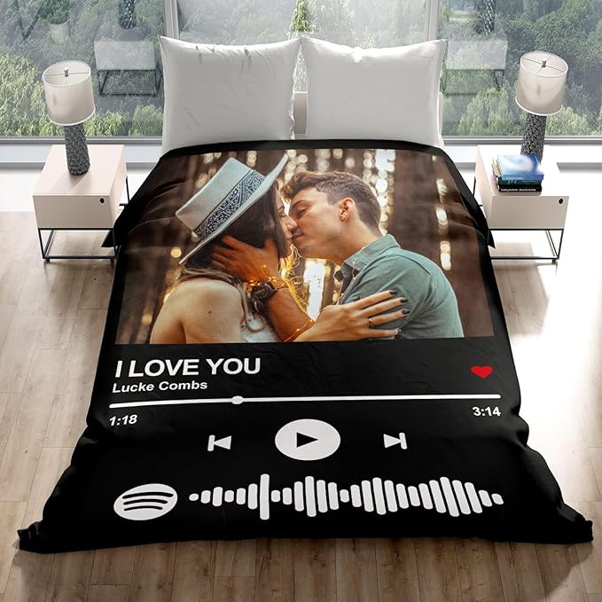 Personalized Spotify Code Music Blanket Custom Blanket with Picture Text Customized Blankets Thows Photo Blankets Customize Gifts for Mom Dad Couple Girlfriend Boyfriend Wife Husband