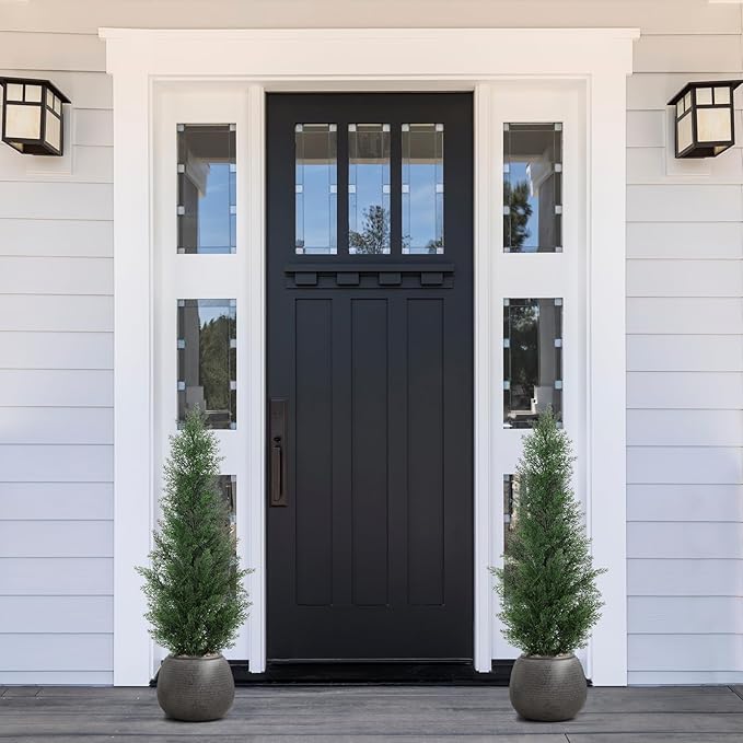 3FT Artificial Cedar Tree - Realistic Faux Cedar Trees for Outdoor Planters - Fake Cypress Trees for Front Porch - Faux Evergreen Plants for Home Porch Decor - Set of 2