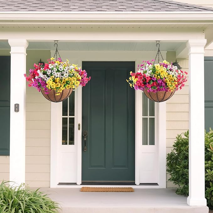 2 Set Outdoor Artificial Hanging Baskets, 32 Pcs Artificial Flowers Hanging Planters for Spring Summer Front Porch Patio Yard Garden Home Decor (Purple, Yellow, Hot Pink, Creamy White)